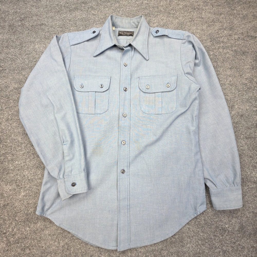 Vintage Norm Thompson Military Pocket Button Up Shirt Men's Large Blue Epaulets
